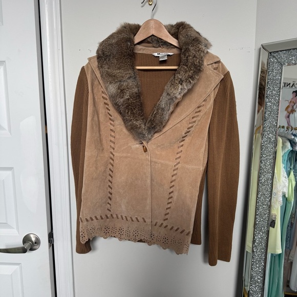 Vintage Brown Suede Jacket with Rabbit Fur Collar western prairie L - Picture 2 of 8